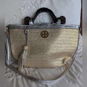 Tory Burch Metallic Raffia Tote/ Wooden Ornate Handles / Silver Leather Trim